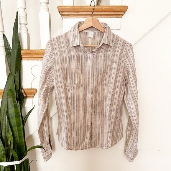 Womens Linen Button-Down Shirt Beige Striped Long Sleeves Collared Size 46 - Picture 1 of 4